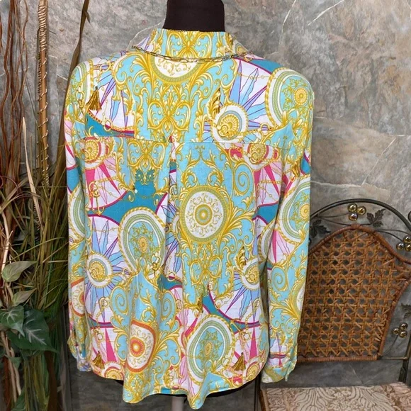 Jane & Delancey 🌹 shirt, top blouse tunic sleeve button collar paisley nautical - Picture 9 of 12